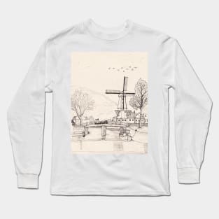 De Adriaan Windmill Haarlem Netherlands Pen Ink Travel Art Long Sleeve T-Shirt